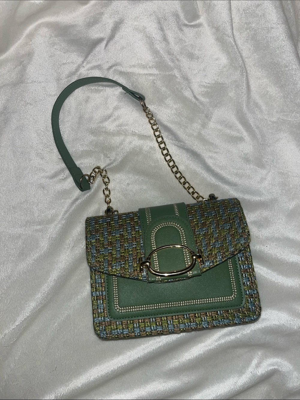 Green Tweed Chain Shoulder Bag